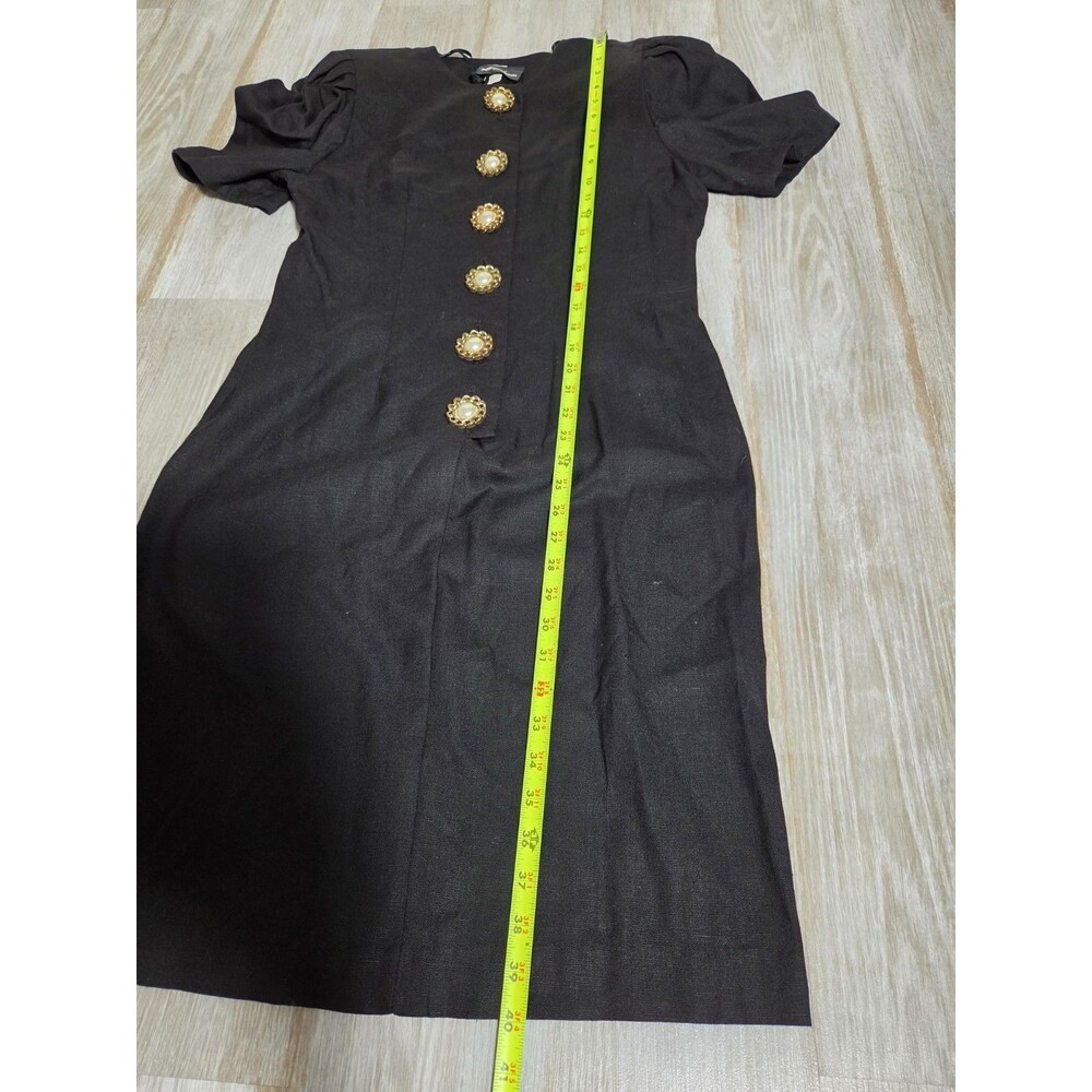 VTG Positive Attitude Black Linen Blend Sheath Dress Button Puff Sleeve 9/10 EUC - Picture 8 of 10